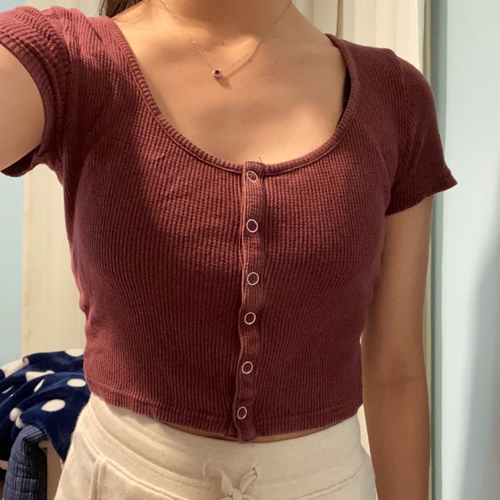 Maroon Burgundy Short Sleeve Button Front Top